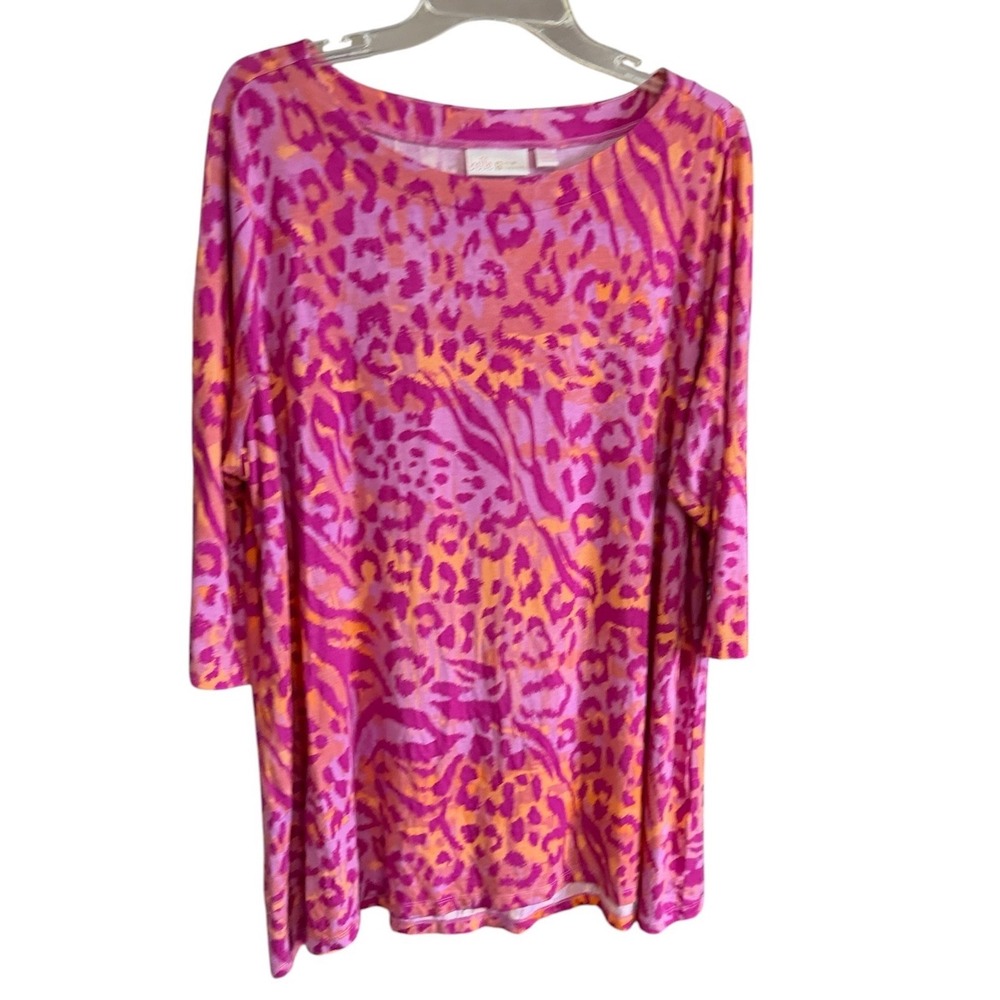 Belle by Kim Gravel Knit Top 2X Pink Orange Animal Print 3/4 Sleeve Tunic Artsy